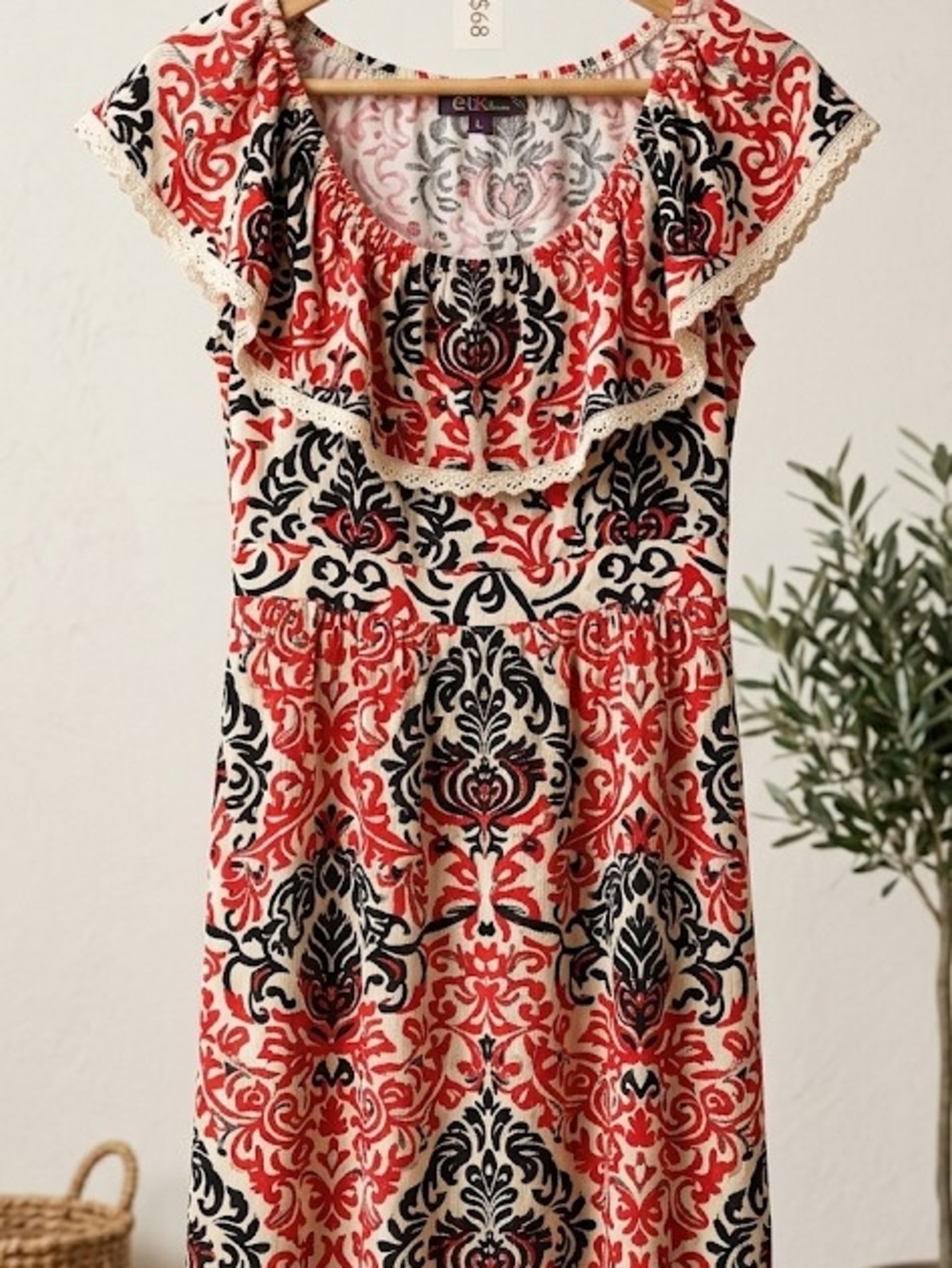 Red and Black Printed Ruffle Dress by